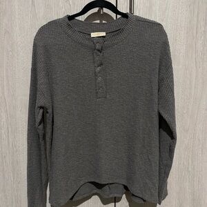 Womens Waffle knit Henley top - Dark Grey - Medium